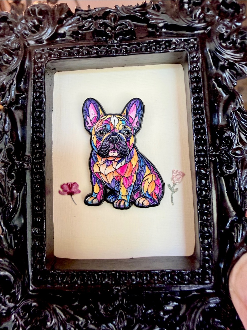 Mini Framed French Bulldog Art • Ornate Black Frame • Includes Easel & Magnet - Picture 4 of 5